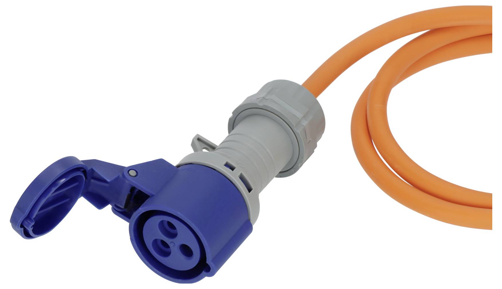 Blauer und grauer Industrie-Stromstecker an einem orangefarbenen Kabel befestigt, gezeigt auf weißem Hintergrund.