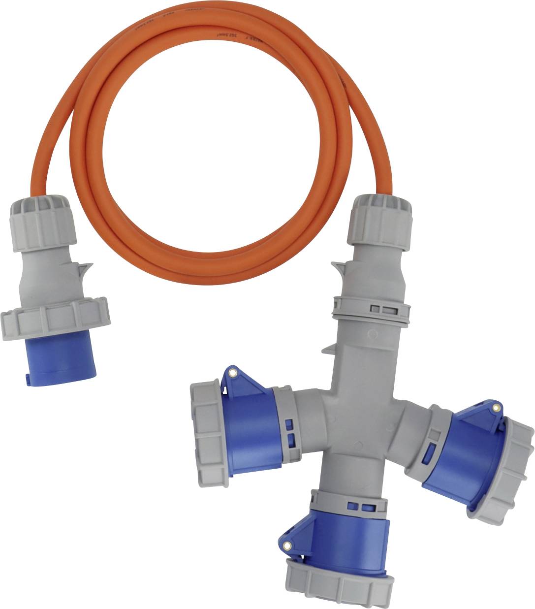 Ein oranges Verlängerungskabel mit einem grau und blau gefärbten Y-Verteiler, das mehreren Geräten ermöglicht, sich mit einer Stromquelle zu verbinden.