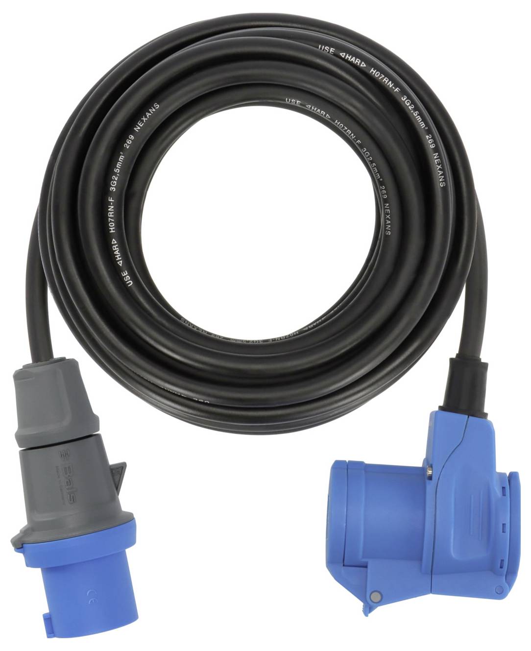 Ein aufgerolltes schwarzes Kabel mit einem grauen Stecker an einem Ende und einer blauen Buchse am anderen Ende, entwickelt für elektrische Verbindungen.