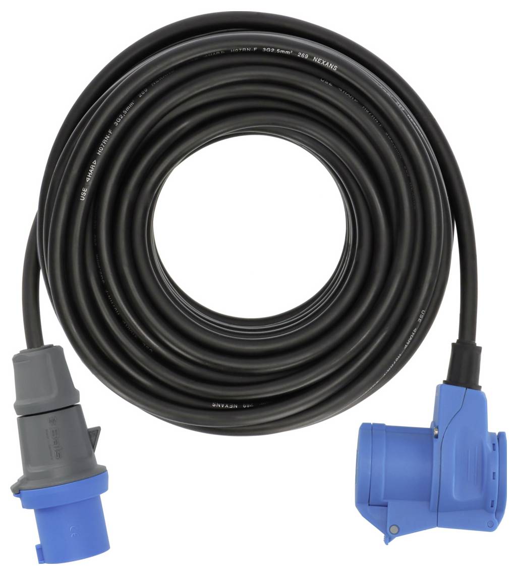 „Aufgewickeltes schwarzes Verlängerungskabel mit blauem Stecker und Buchse für elektrische Verbindungen.