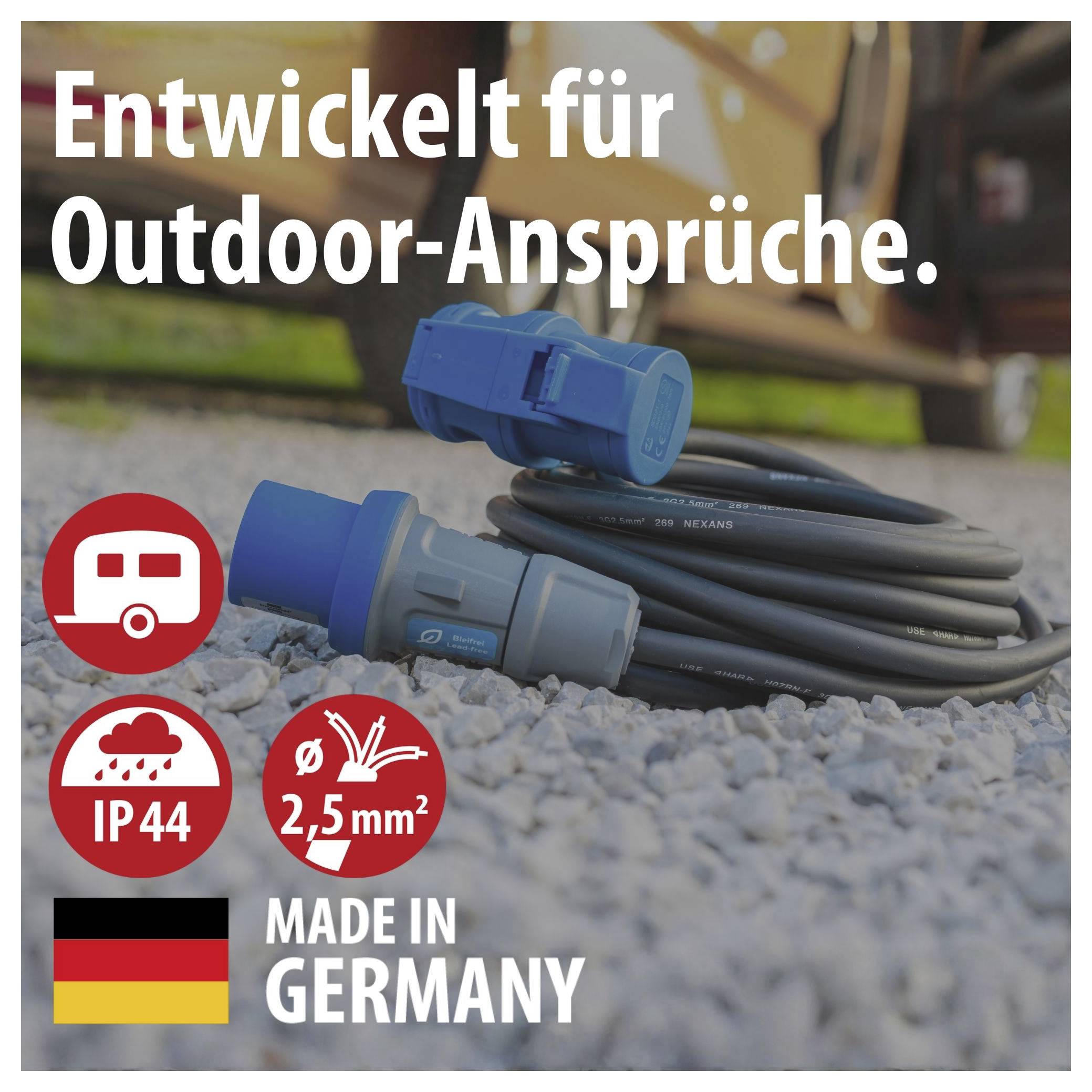 Outdoor-Stromkabel mit Steckverbindern für den Außeneinsatz, IP44 und 2,5 mm², 'Made in Germany'-Hinweis sowie Deutschlandflagge.