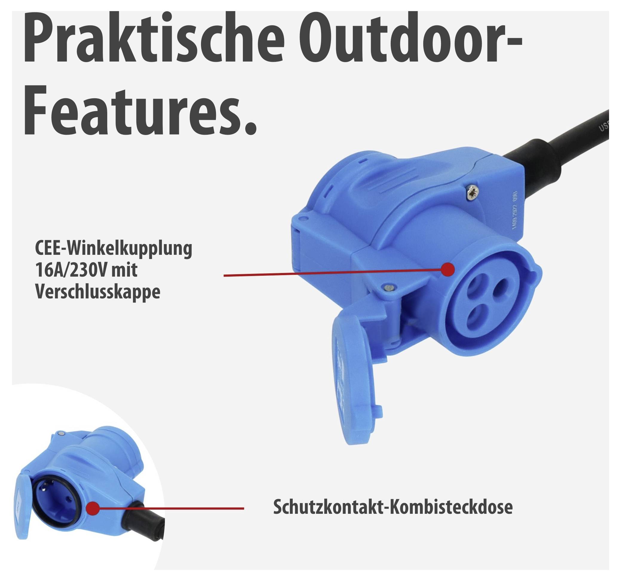 Werbeabbildung einer blauen CEE-Winkelkupplung 16A/230V mit Verschlusskappe und einer Schutzkontakt-Kombisteckdose, beschriftet mit 'Praktische Outdoor-Features'.