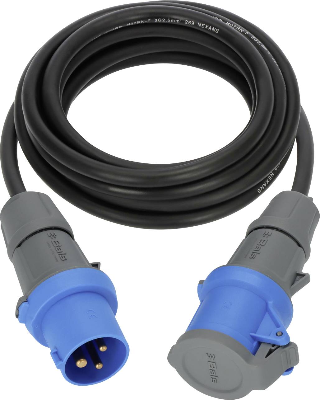 Schwarzes aufgerolltes Stromkabel mit blauen und grauen Industriesteckverbindern an beiden Enden, dargestellt auf weißem Hintergrund.