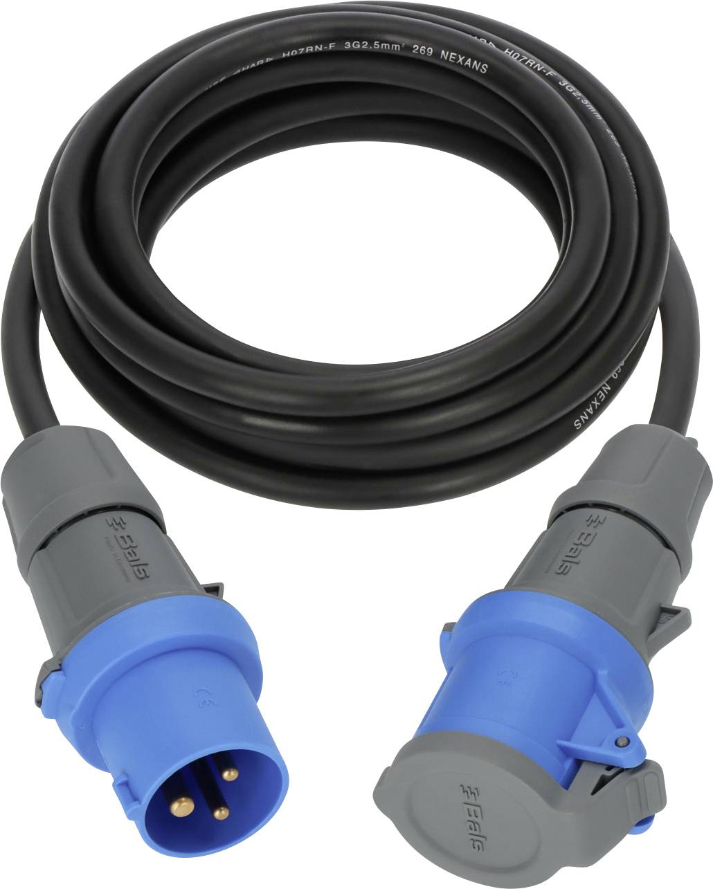 Blaues Industrie-Stromverlängerungskabel mit Stecker auf der einen Seite und Buchse auf der anderen Seite, für die Lagerung aufgewickelt.