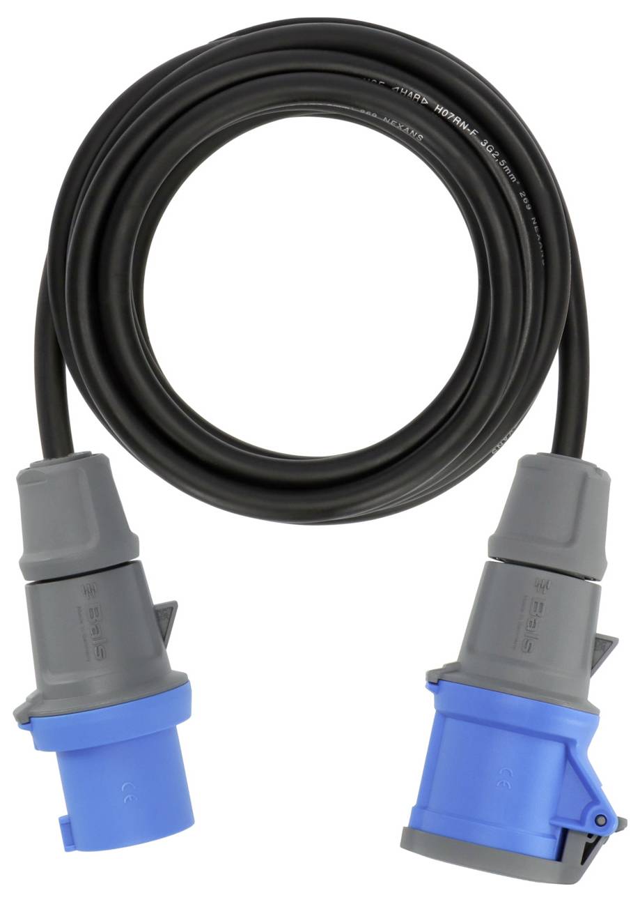 Ein aufgerolltes schwarzes Kabel mit blauen und grauen Steckverbindern an jedem Ende, das für elektrische Verbindungen verwendet wird.