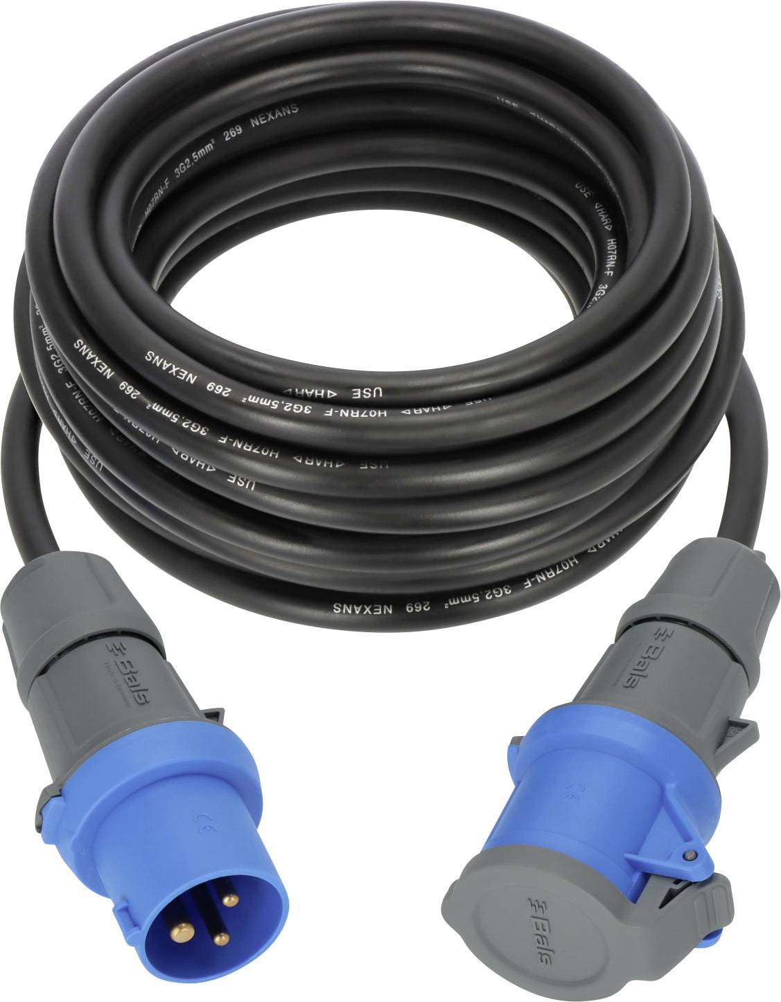 Ein aufgerolltes schwarzes Stromkabel mit blauen Steckverbindungen an beiden Enden, das häufig für industrielle oder Außenbereichs-Stromverbindungen verwendet wird.