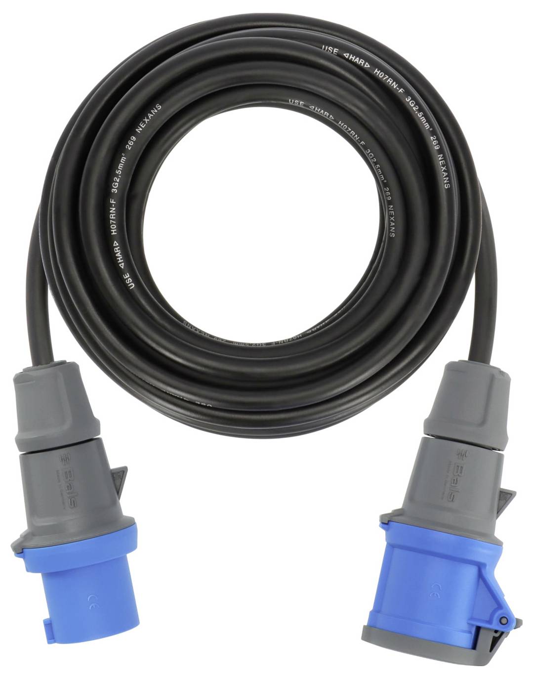 Ein schwarzes aufgerolltes Elektrokabel mit grauen und blauen Anschlüssen an jedem Ende, geeignet für robuste Stromverbindungen oder Verlängerungen.