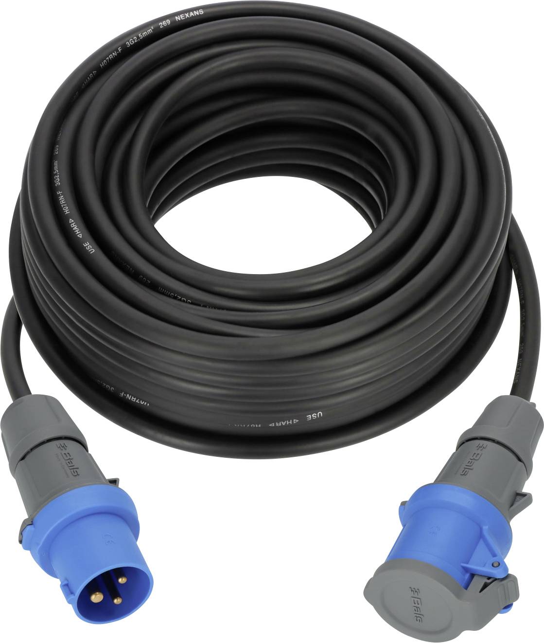 Aufgerolltes schwarzes Stromkabel mit blauen und grauen Industriesteckverbindern an beiden Enden.
