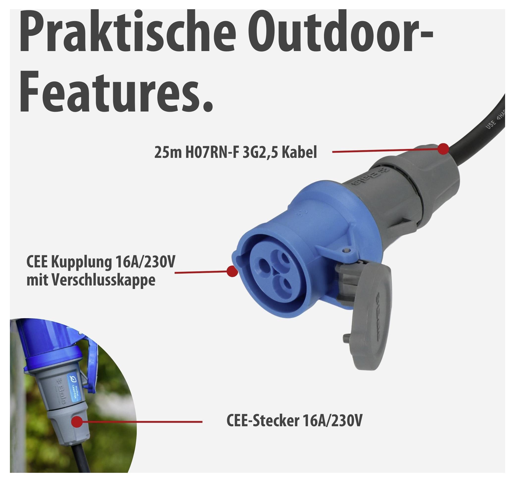 Werbegrafik einer Outdoor-Stromverbindung: 25 m H07RN-F 3G2,5 Kabel mit CEE-Kupplung 16A/230V mit Verschlusskappe und CEE-Stecker 16A/230V.