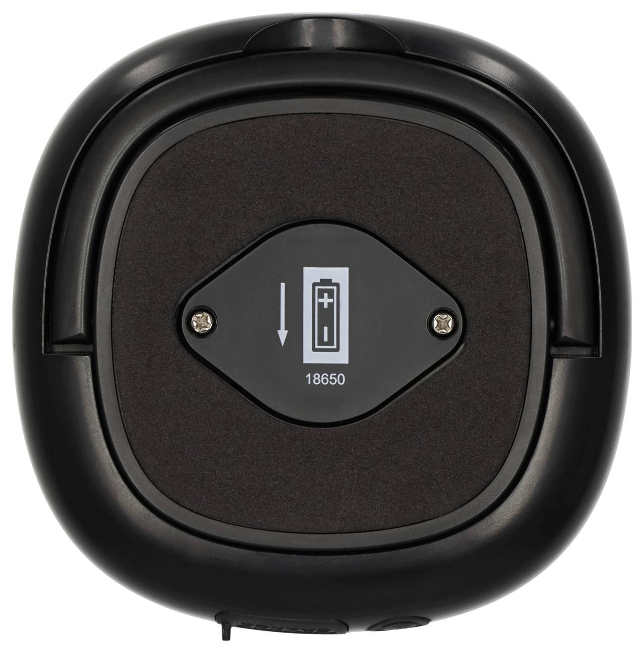 Unteransicht eines schwarzen elektronischen Geräts mit einem abnehmbaren Batteriefach, das mit „18650