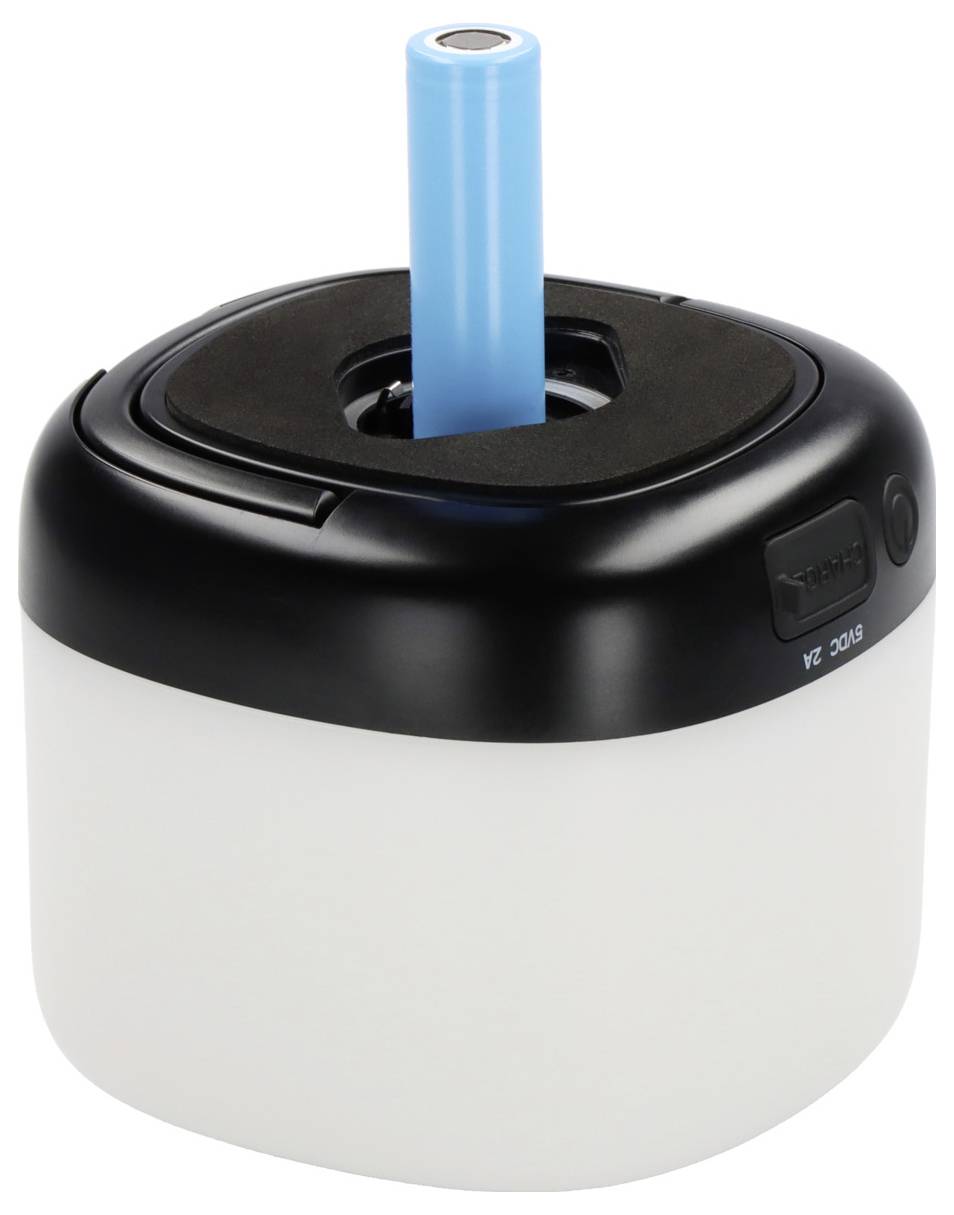 Ein zylindrisches Gerät mit weißer Basis, schwarzer Oberseite und einem blauen zentralen Rohr. Es hat Tasten an der Seite, möglicherweise ein Luftbefeuchter.