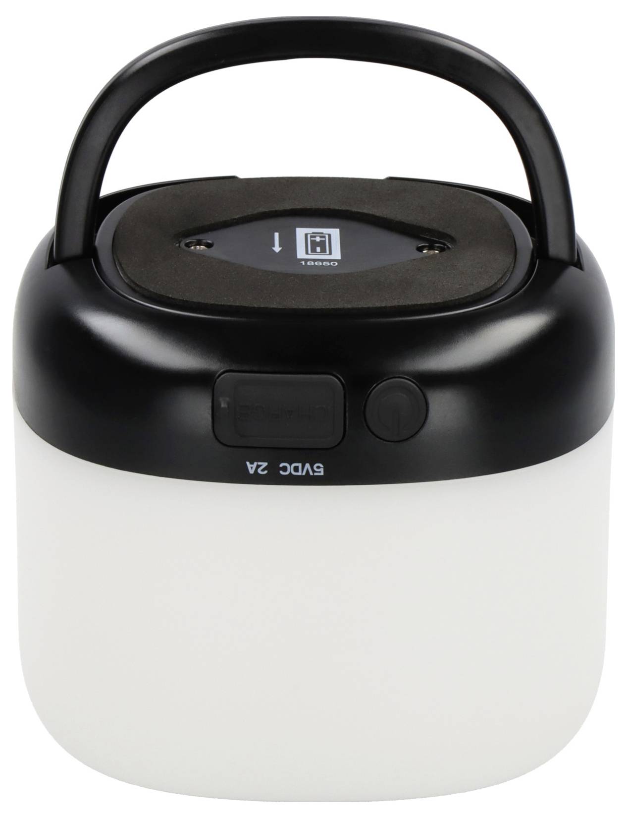 „Eine tragbare Schwarz-Weiß-Laterne mit einem Griff oben und einem kleinen Display zur Anzeige des Batterieladestands.