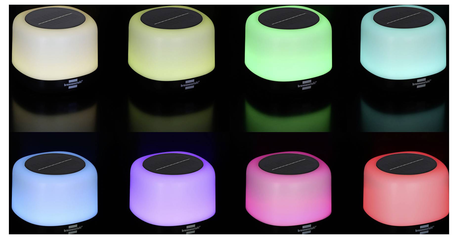 Acht solarbetriebene Gartenleuchten werden angezeigt, jede leuchtet in verschiedenen Farben: gelb, grün, cyan, blau, violett, rosa, rot und orange.