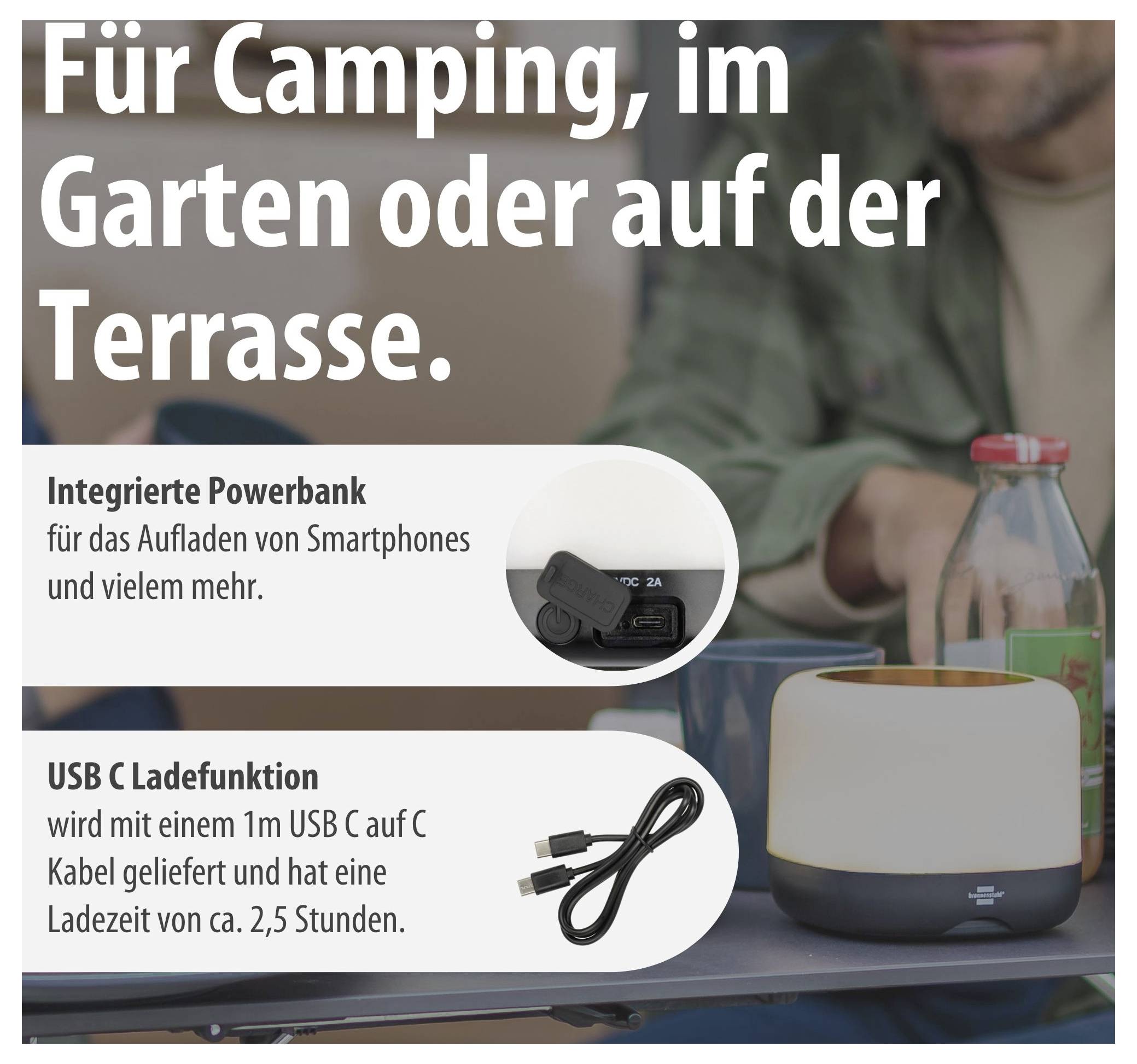 Werbegrafik für eine Campinglampe mit integrierter Powerbank und USB-C-Ladefunktion; Text nennt Nutzung für Camping, Garten oder Terrasse.