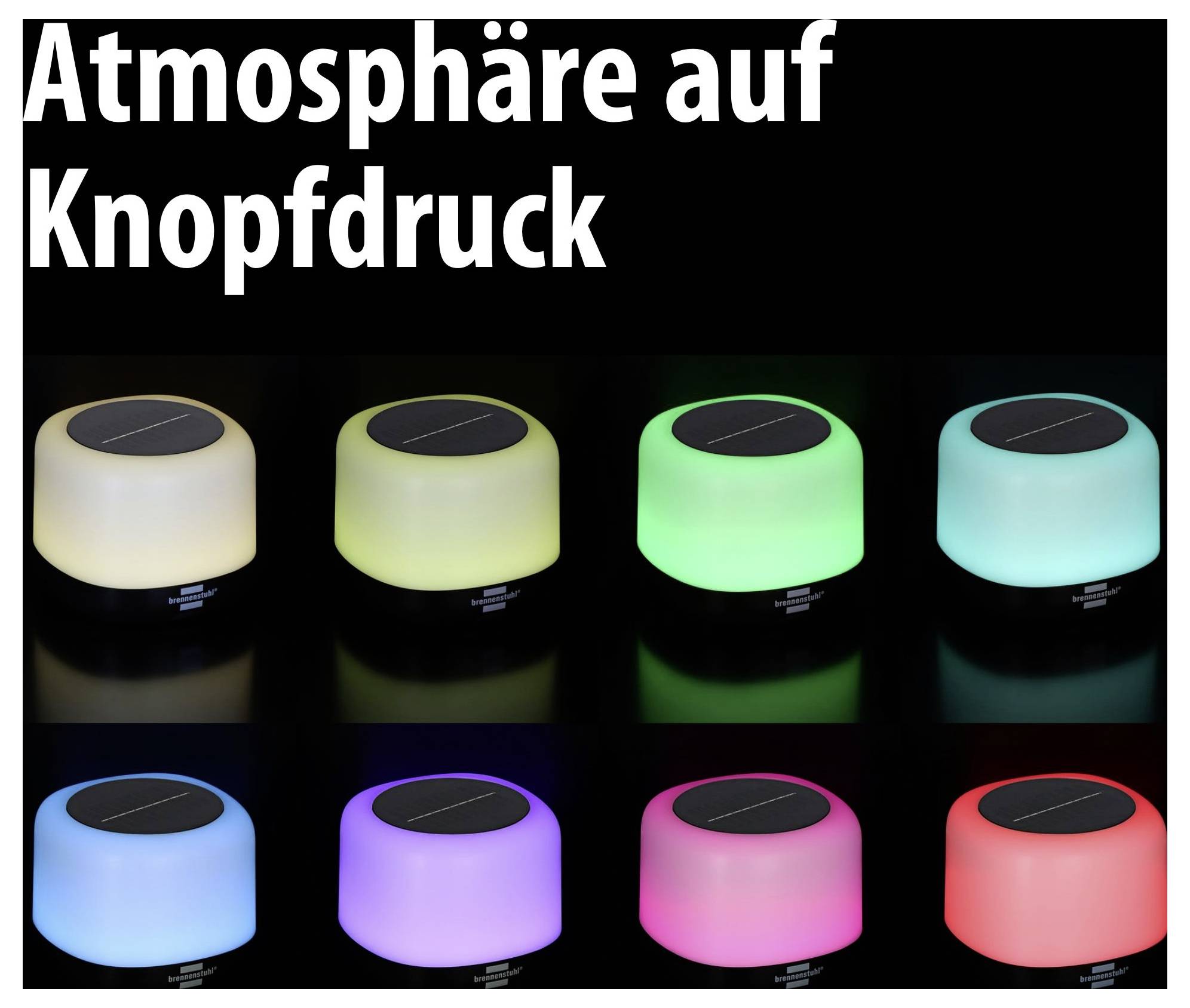 Werbegrafik mit der Überschrift 'Atmosphäre auf Knopfdruck' und acht leuchtenden, zylindrischen Lampen in verschiedenen Farben.