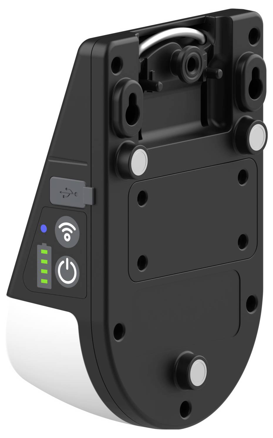 Ein schwarzes elektronisches Gerät mit Befestigungslöchern und Anzeigelampen für USB, Wi-Fi und Stromversorgung, möglicherweise ein an der Wand montierter Sensor oder eine Kamera.