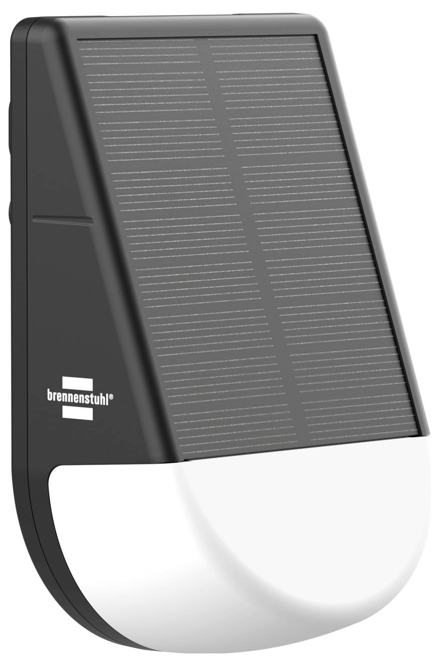 Ein solarbetriebenes LED-Wandlicht mit schwarzem Rahmen und weißem Boden, das das Solarpanel im oberen Bereich zur Energieaufnahme präsentiert.