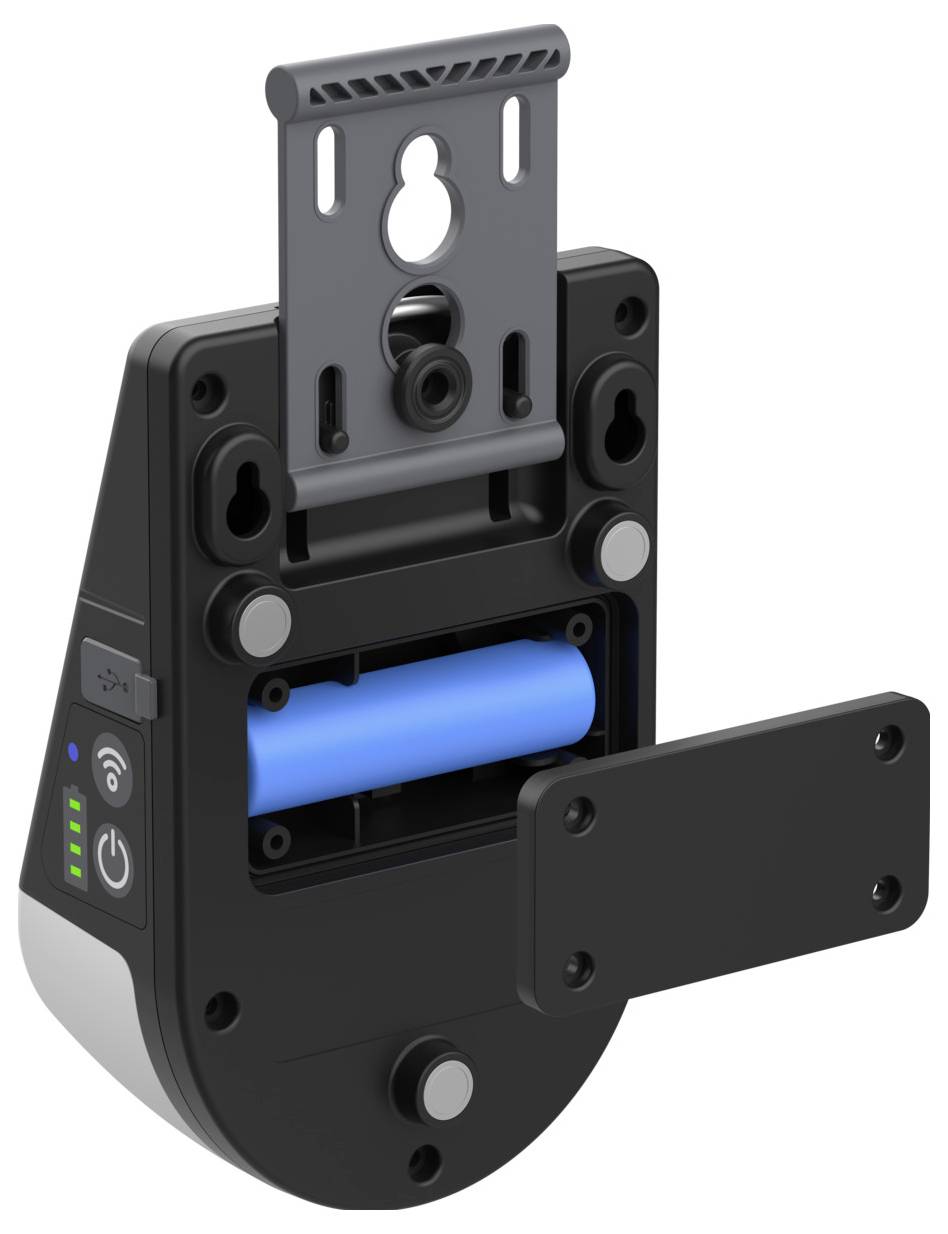 „Batteriebetriebenes Gerät mit geöffnetem Gehäuse, das eine blaue Batterie im Inneren zeigt. Verfügt über eine LED-Anzeige an der Seite, die die Stromstärke anzeigt.