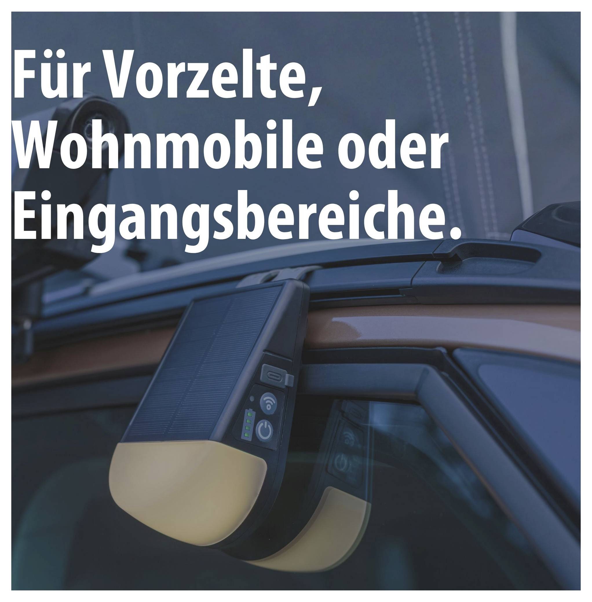 Solarbetriebener Fensteröffner am Dachfenster; Text: 'Für Vorzelte, Wohnmobile oder Eingangsbereiche.'