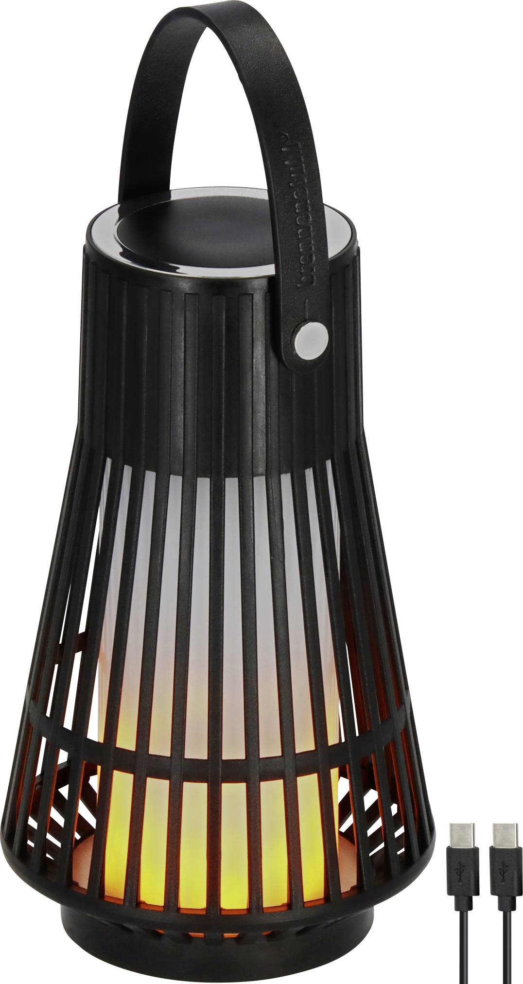 Ein schwarzer, laternenförmiger tragbarer Lautsprecher mit leuchtendem Licht im Inneren, ausgestattet mit einem Griff oben und einem Ladekabel daneben.