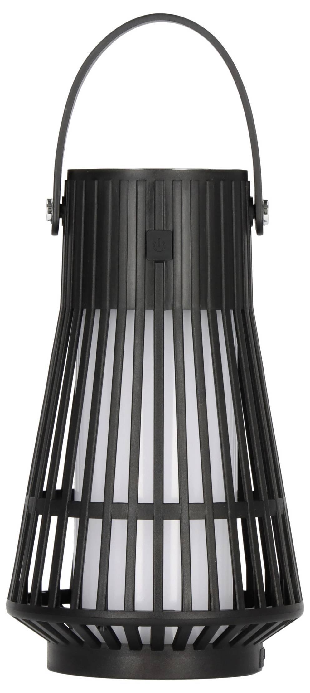 Eine hohe, schwarze, zylindrische Laterne mit vertikalen Lamellen und einem Griff oben, die eine weiße Lichtquelle umgibt.