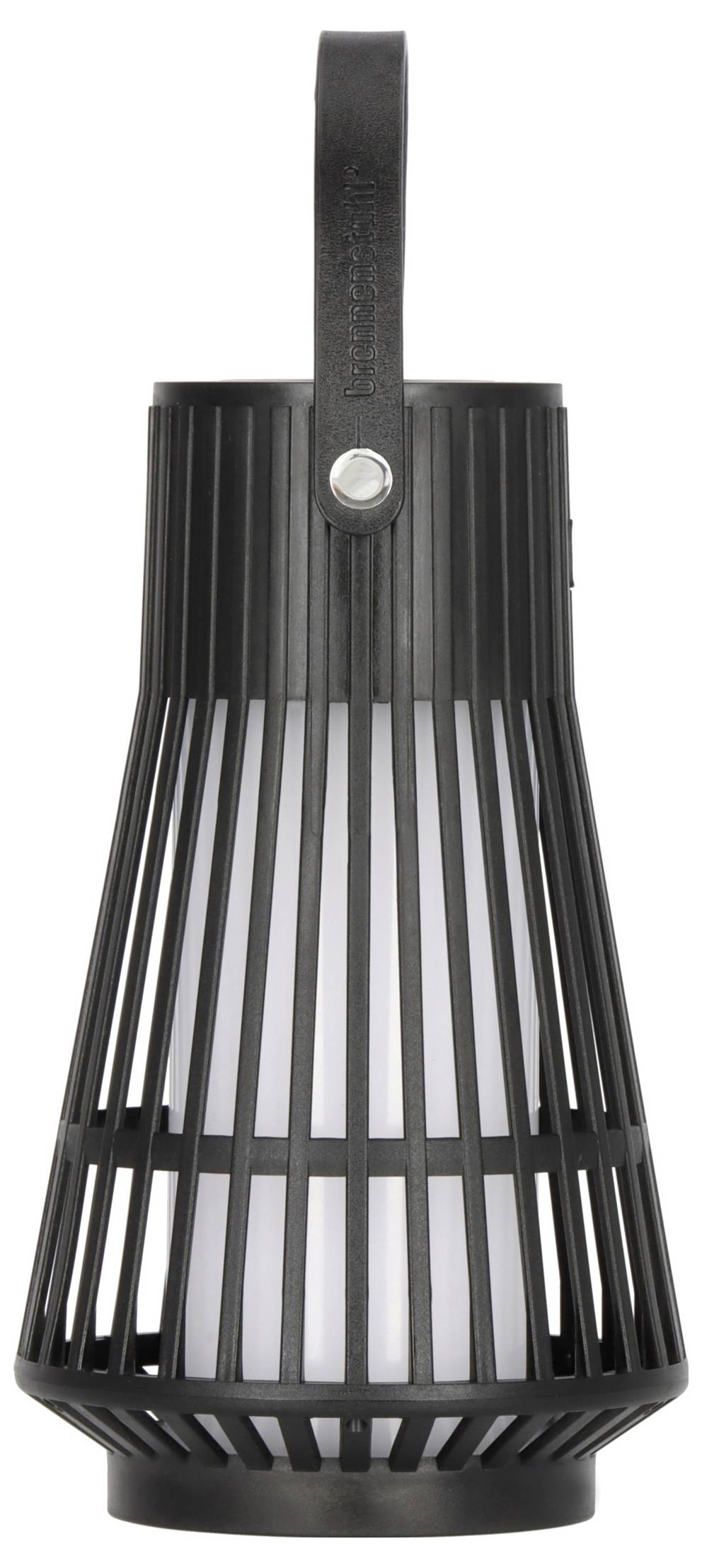 Eine schwarze, vertikal lamellierte Außenleuchte mit Griff, die ein modernes Design präsentiert und sich für Garten- oder Terrassendekoration eignet.