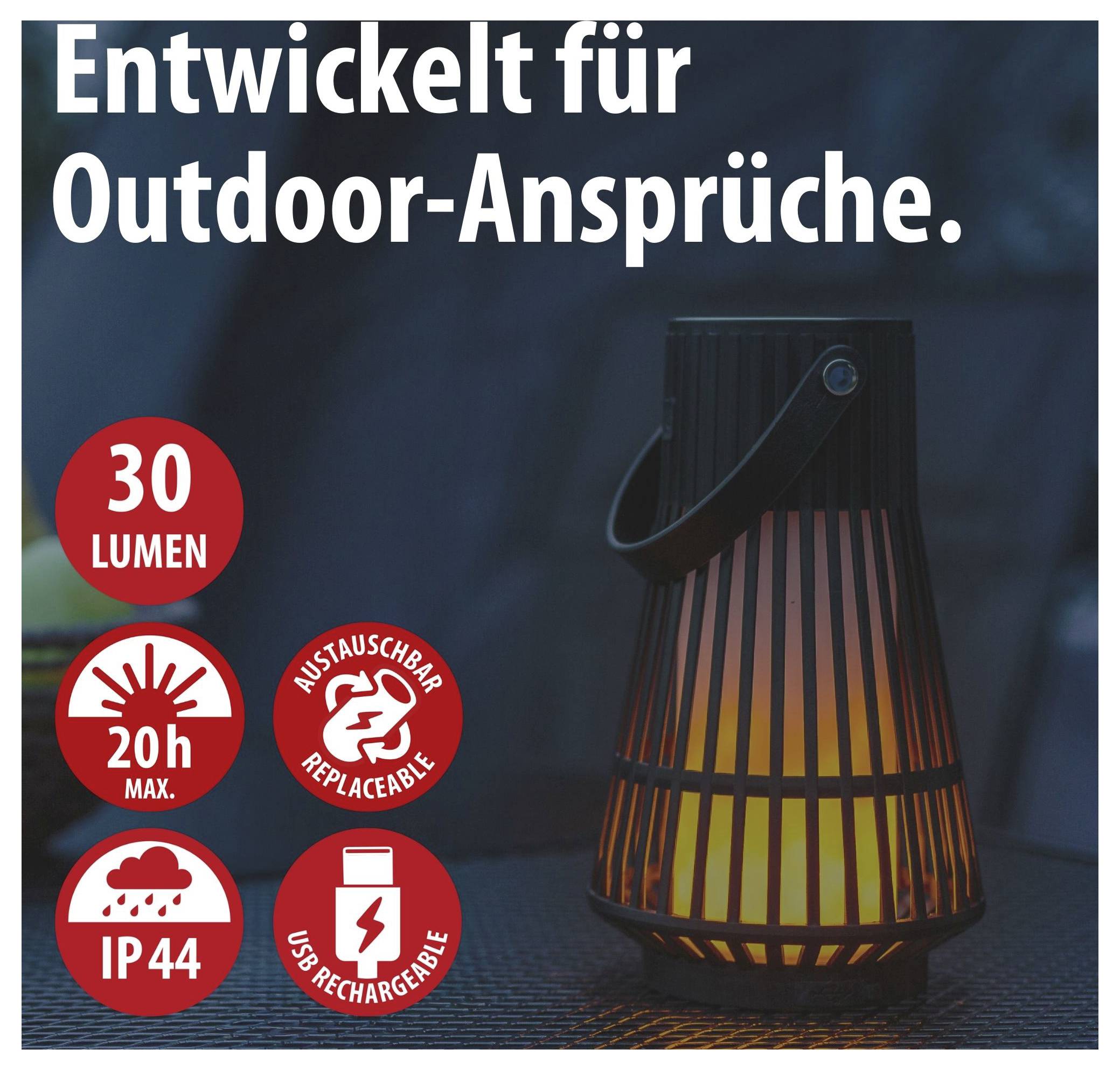 Werbebild einer tragbaren Laterne für Outdoor-Einsatz mit Text 'Entwickelt für Outdoor-Ansprüche.'; nennt 30 Lumen, 20h max., IP44 und USB-ladbar, austauschbarer Akku.