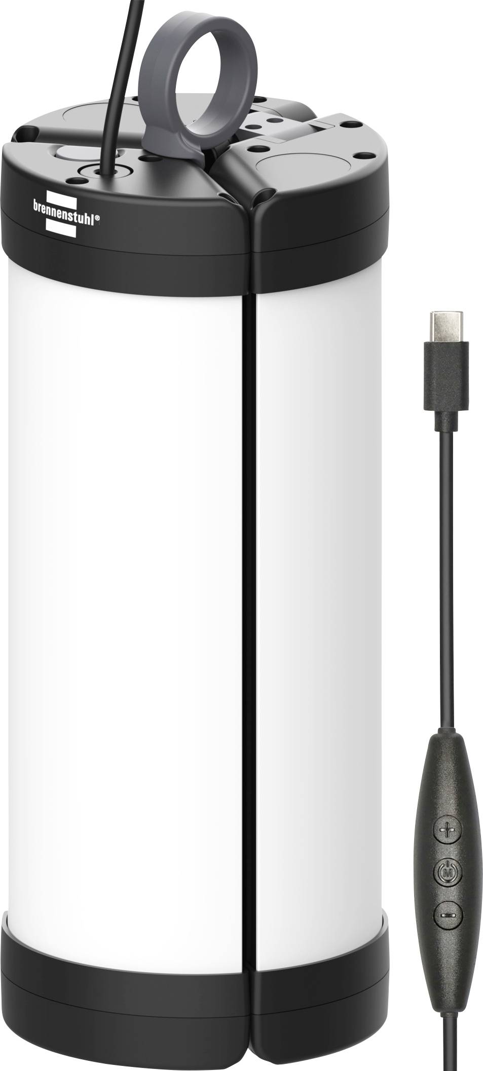 Tragbare schwarz-weiße elektrische Luftpumpe mit Griff und angebrachtem USB-Ladekabel, aufrecht dargestellt mit dreitastriger Inline-Steuerung.