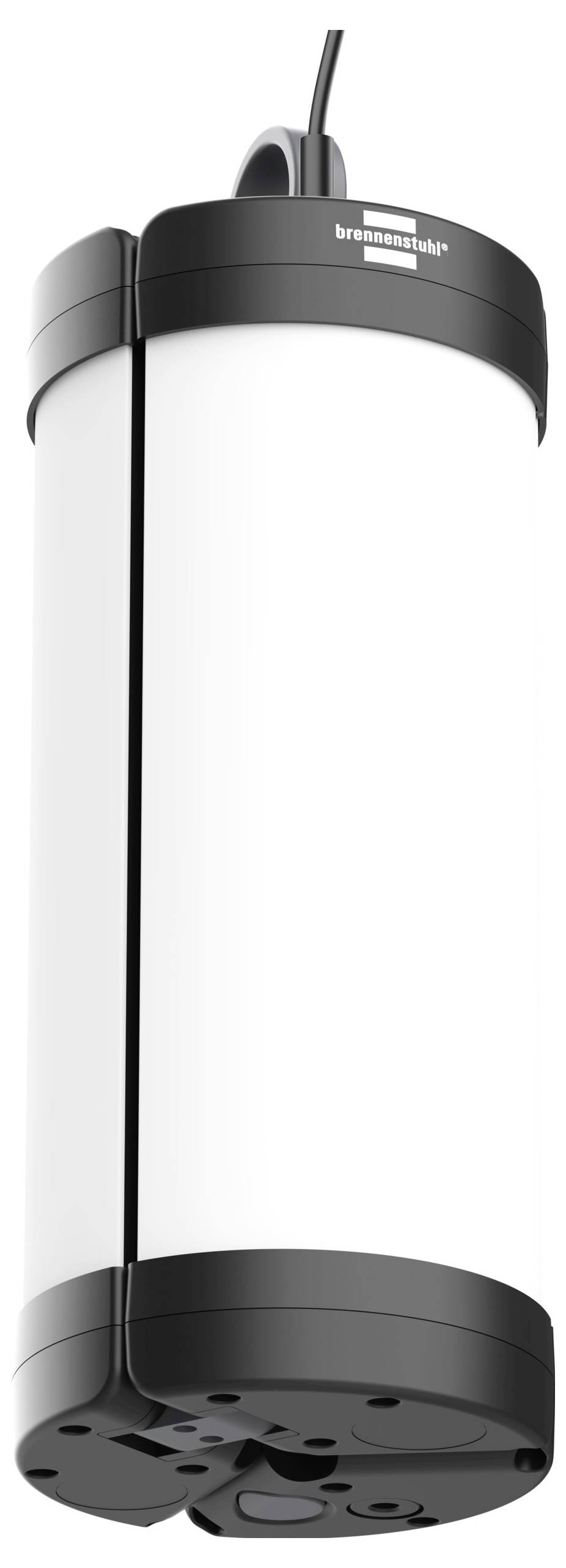 Tragbare LED-Arbeitsleuchte mit zylindrischer Form, in einem schwarzen Rahmen eingehaust. Aufhängehaken und Stromkabel oben sichtbar.