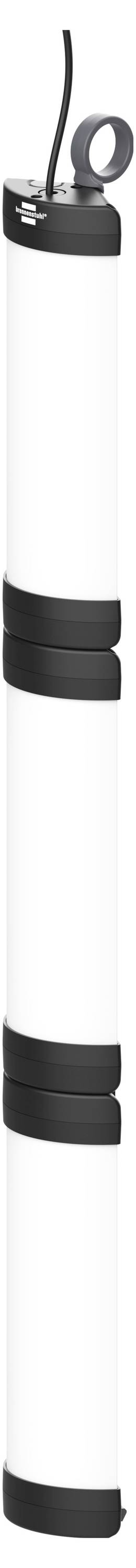 Eine weiß-schwarze zylindrische Hängeleuchte mit einer Öse oben zur Aufhängung.