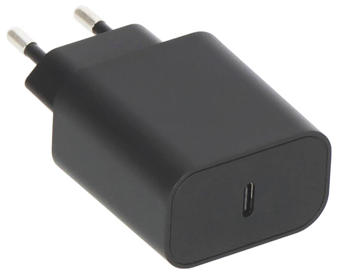 Ein schwarzes USB-Ladegerät mit zweipoliger Stecker, für europäische Steckdosen ausgelegt, aus frontaler Perspektive gezeigt.