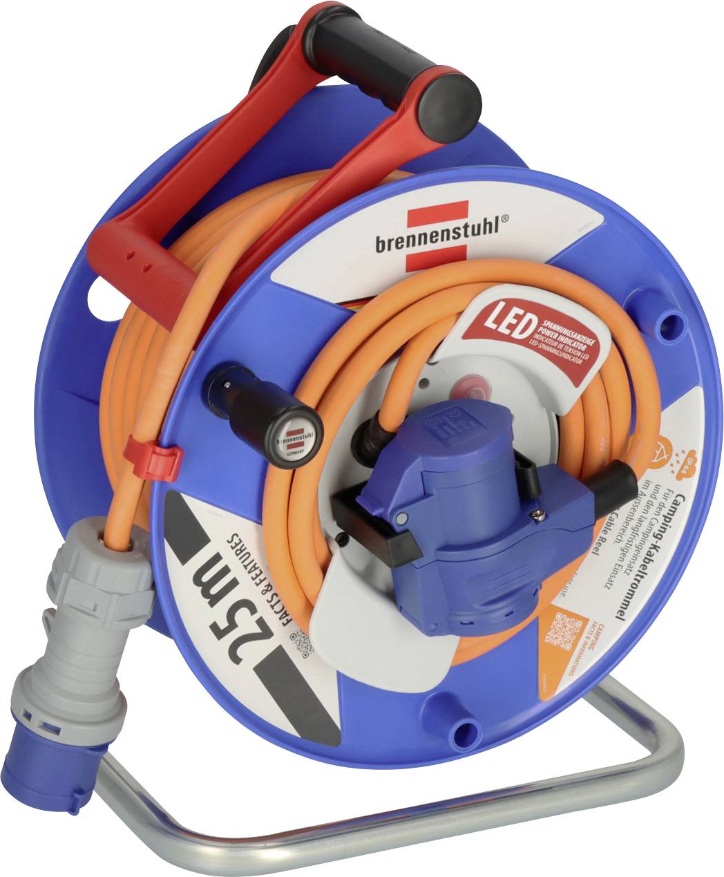 Oranges Verlängerungskabel auf einer blauen Spule mit Griff, blauem Stecker und grauem Anschluss; mit den Marken „brennenstuhl