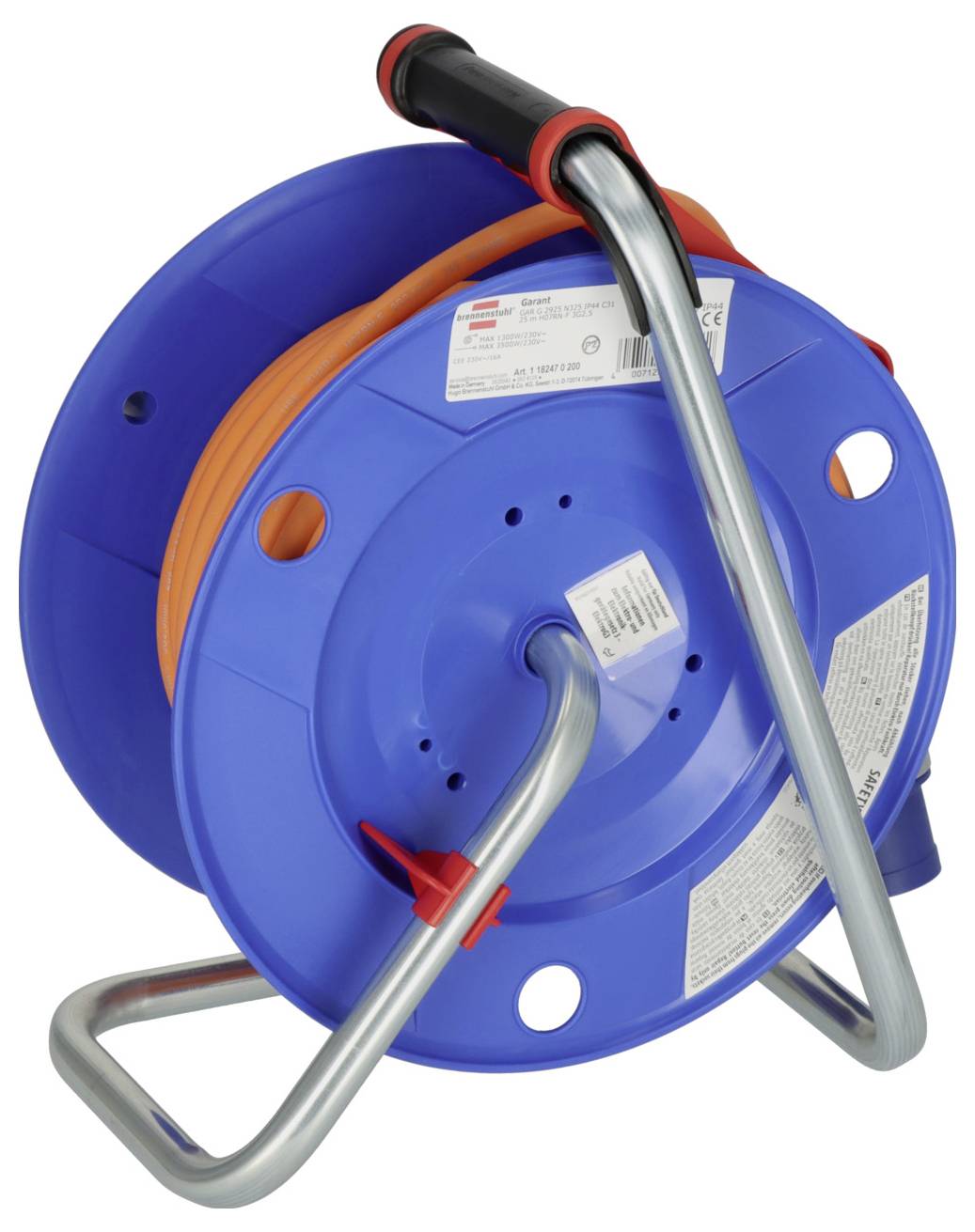Eine blaue Kabeltrommel mit orangem Kabel, montiert auf einem Metallgestell für einfachen Transport und Lagerung.