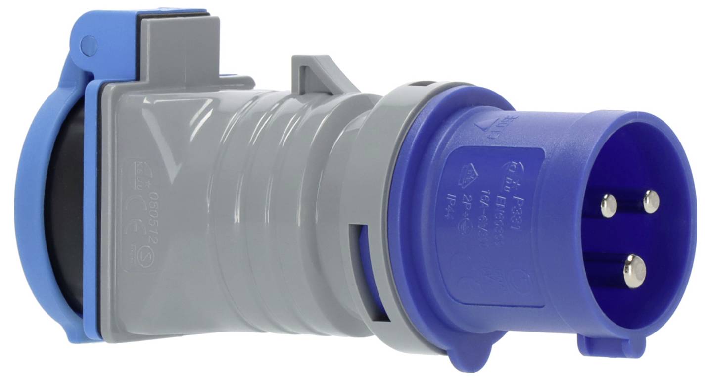 Ein grauer und blauer industrieller Stromstecker mit drei runden Stiften, verwendet für robuste Stromverbindungen.