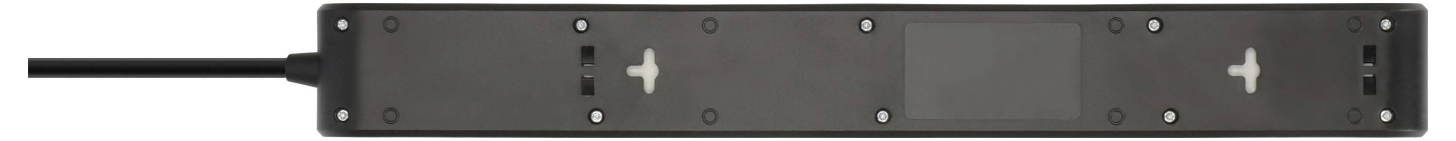 Ein schwarzes Stromverteilerset mit vier Steckdosen, von oben gezeigt. Das Set hat ein angeschlossenes Stromkabel auf der linken Seite.