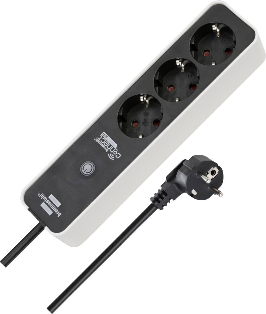 Ein Stromverteiler mit drei Steckdosen und einem Hauptschalter. Der Stecker ist mit einem schwarzen Kabel verbunden. Geeignet für europäische zweipolige Stecker.