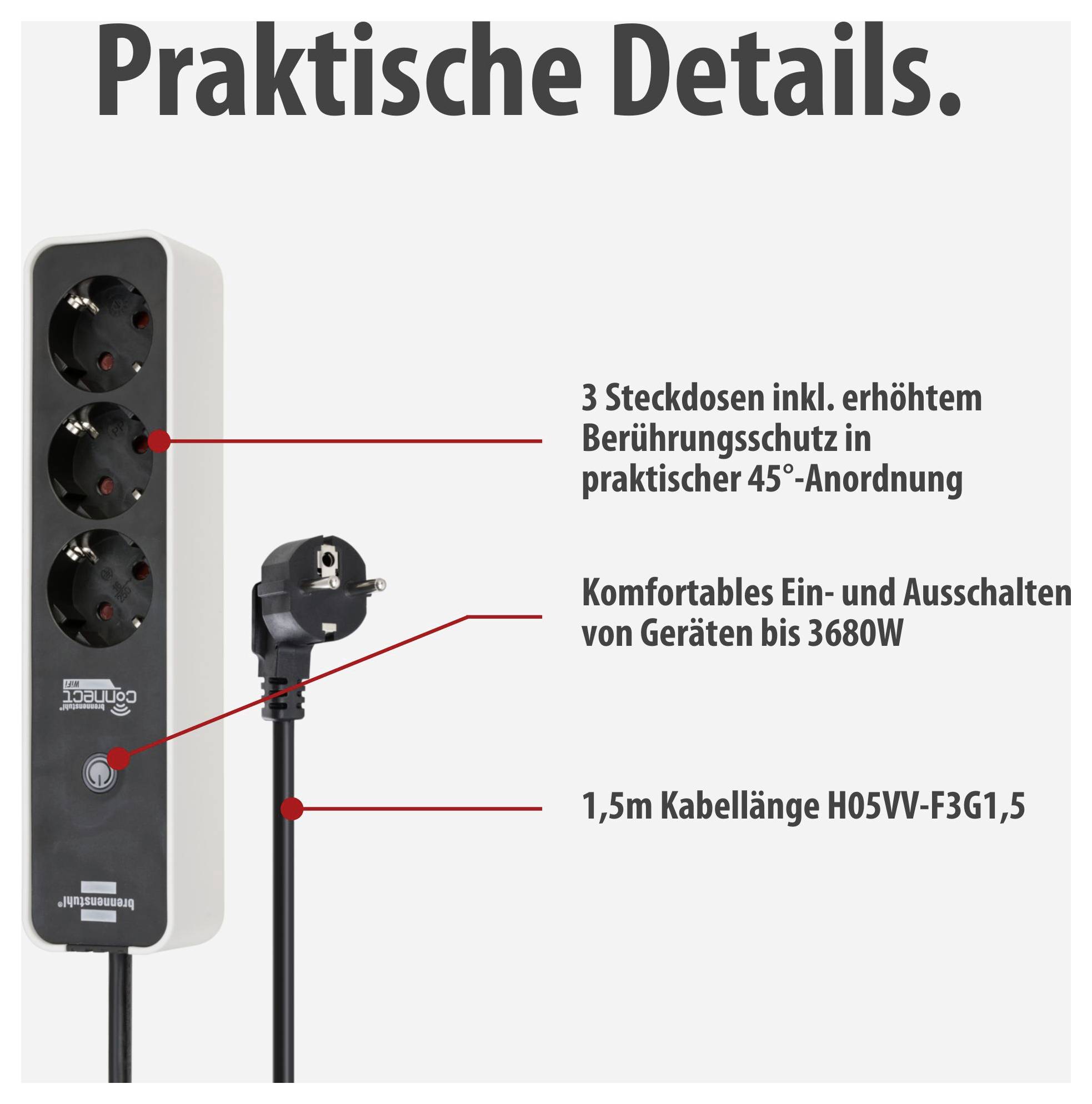 Produktbild einer Steckdosenleiste mit 3 Steckdosen, Ein-/Ausschalter und 1,5 m Kabel; beworben mit praktischen Details und 45°-Anordnung.