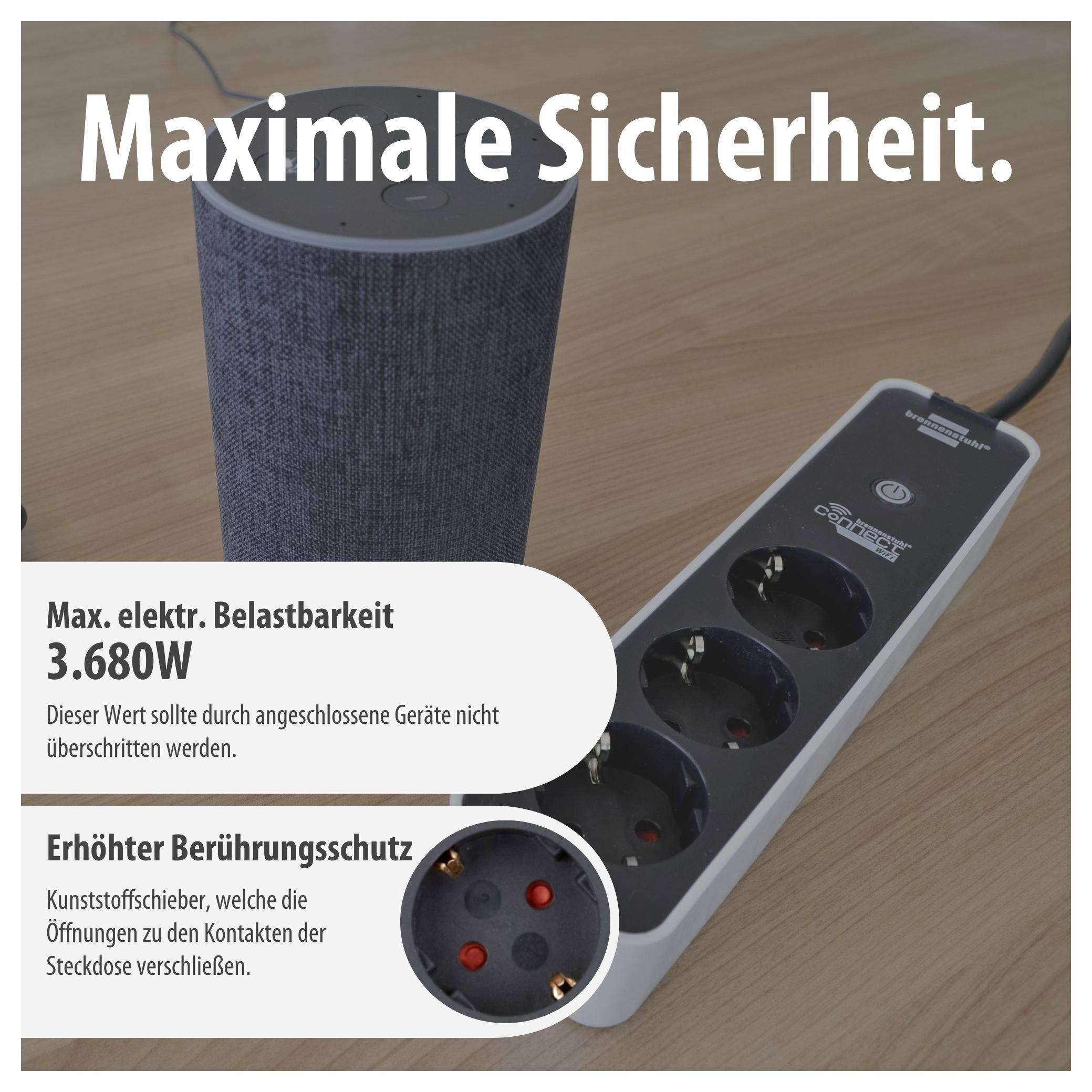 Steckdosenleiste mit 'Maximale Sicherheit'; zeigt 3.680 W Belastbarkeit und erhöhten Berührungsschutz durch Kunststoffschieber.