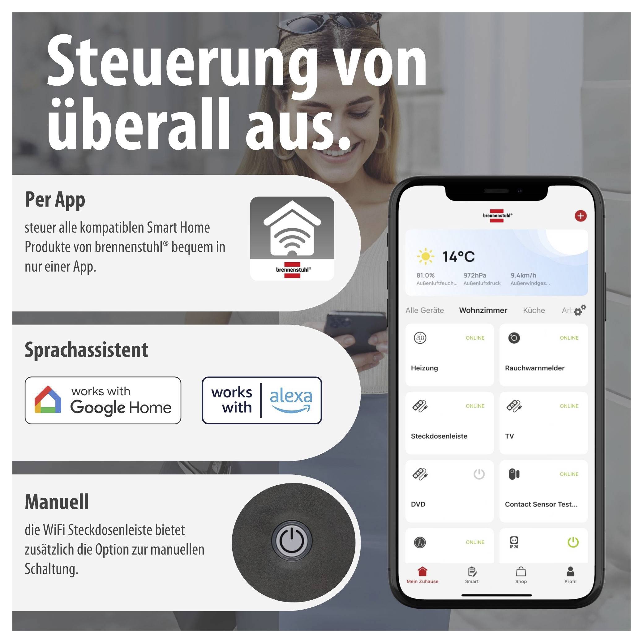 Werbegrafik für eine Smart-Home-App: Smartphone zeigt Geräteübersicht; Text nennt Steuerung per App, Sprachassistent und manuelle Bedienung für kompatible Produkte von brennenstuhl.