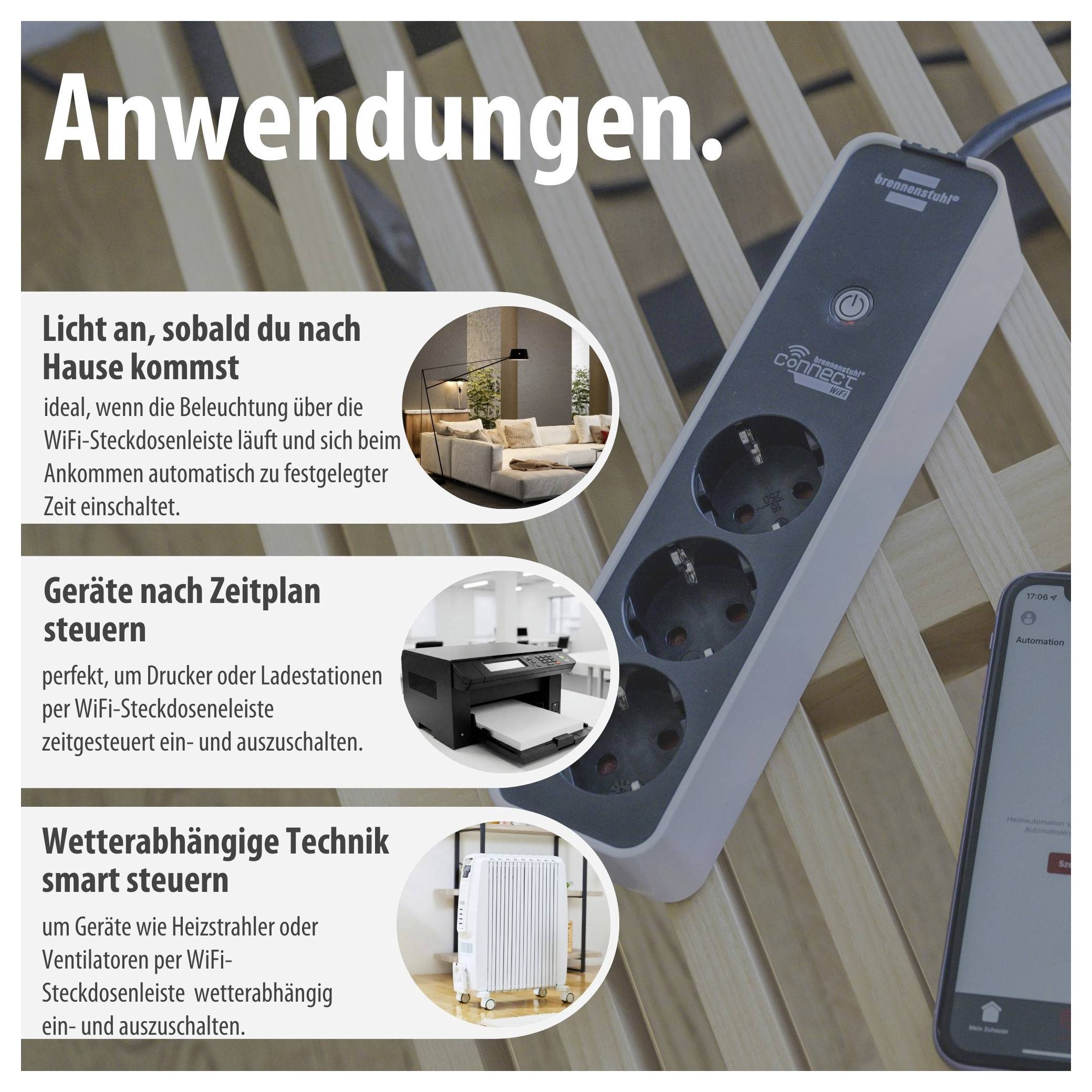Werbegrafik für smarte WLAN-Steckdosenleiste mit App-Steuerung: Licht, Geräte und wetterabhängige Technik per Zeitplan ein- und ausschalten.