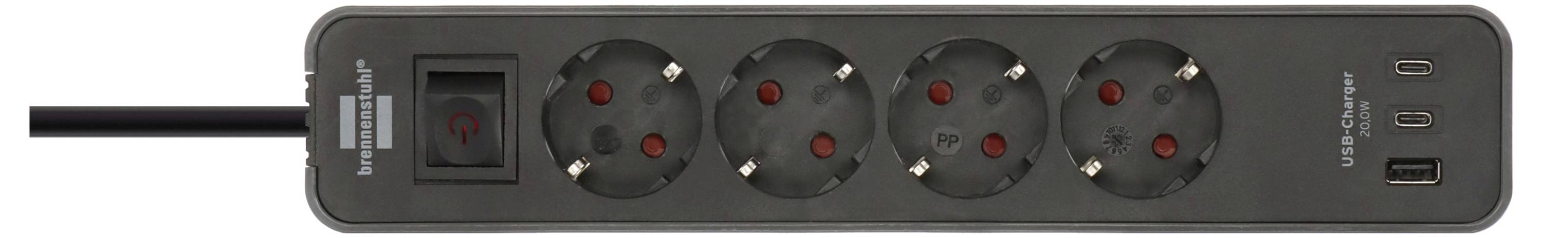 Ein Mehrfachstecker mit vier runden europäischen Steckdosen, einem Ein-/Ausschalter und zwei USB-Ladeanschlüssen auf der Seite.