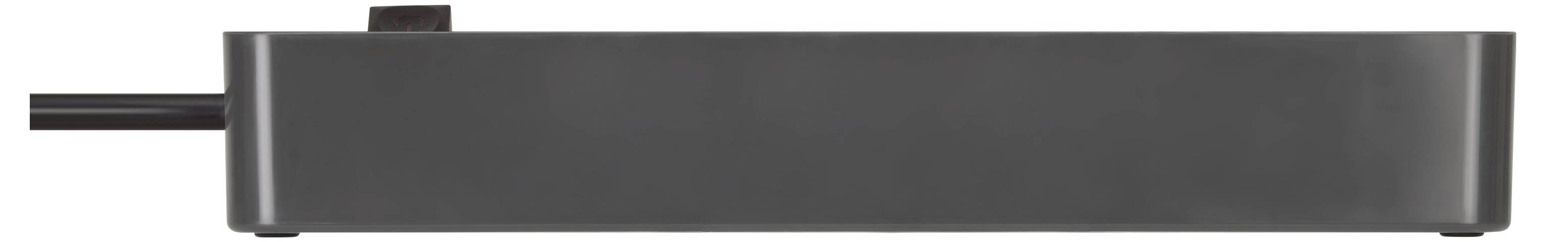 Ein langes dunkelgraues rechteckiges Gerät mit einem schwarzen Kabel, das von der linken Seite abgeht.