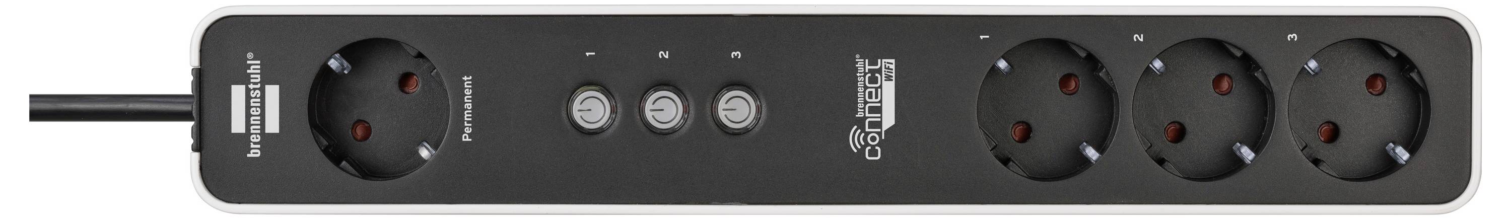 Eine schwarze Steckerleiste mit vier runden Steckdosen und drei Schaltern.