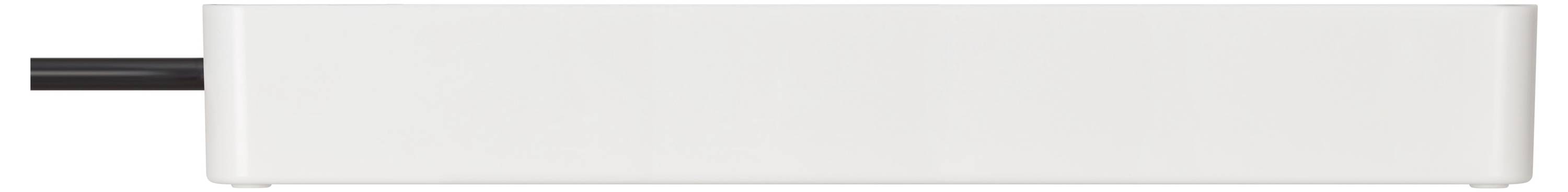 Ein rechteckiges weißes elektronisches Gerät mit einem schwarzen Kabel, das sich von der linken Seite erstreckt, wahrscheinlich zur Verbindung oder Stromversorgung verwendet.