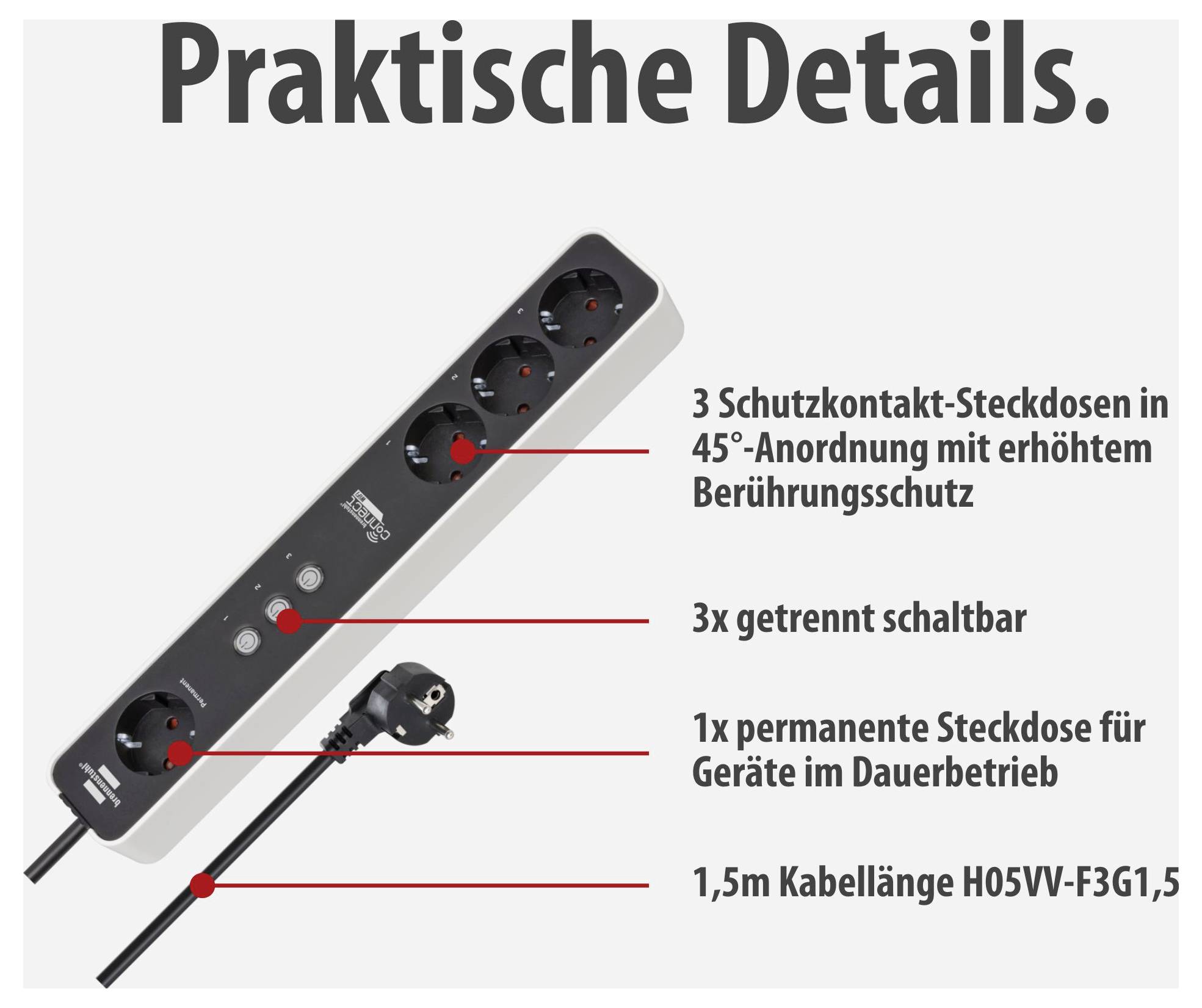 Abgebildet ist eine Steckdosenleiste mit 3 Schutzkontakt-Steckdosen, 3 getrennt schaltbaren Ausgängen, 1 Dauersteckdose und 1,5 m Kabel; Überschrift: 'Praktische Details.'