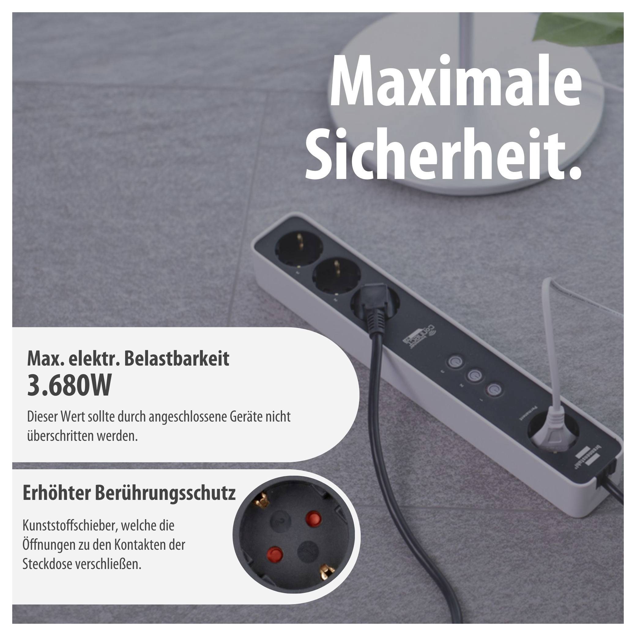 Werbung für eine Steckdosenleiste: „Maximale Sicherheit“, 3.680 W max. Belastbarkeit, erhöhter Berührungsschutz durch Kunststoffschieber.