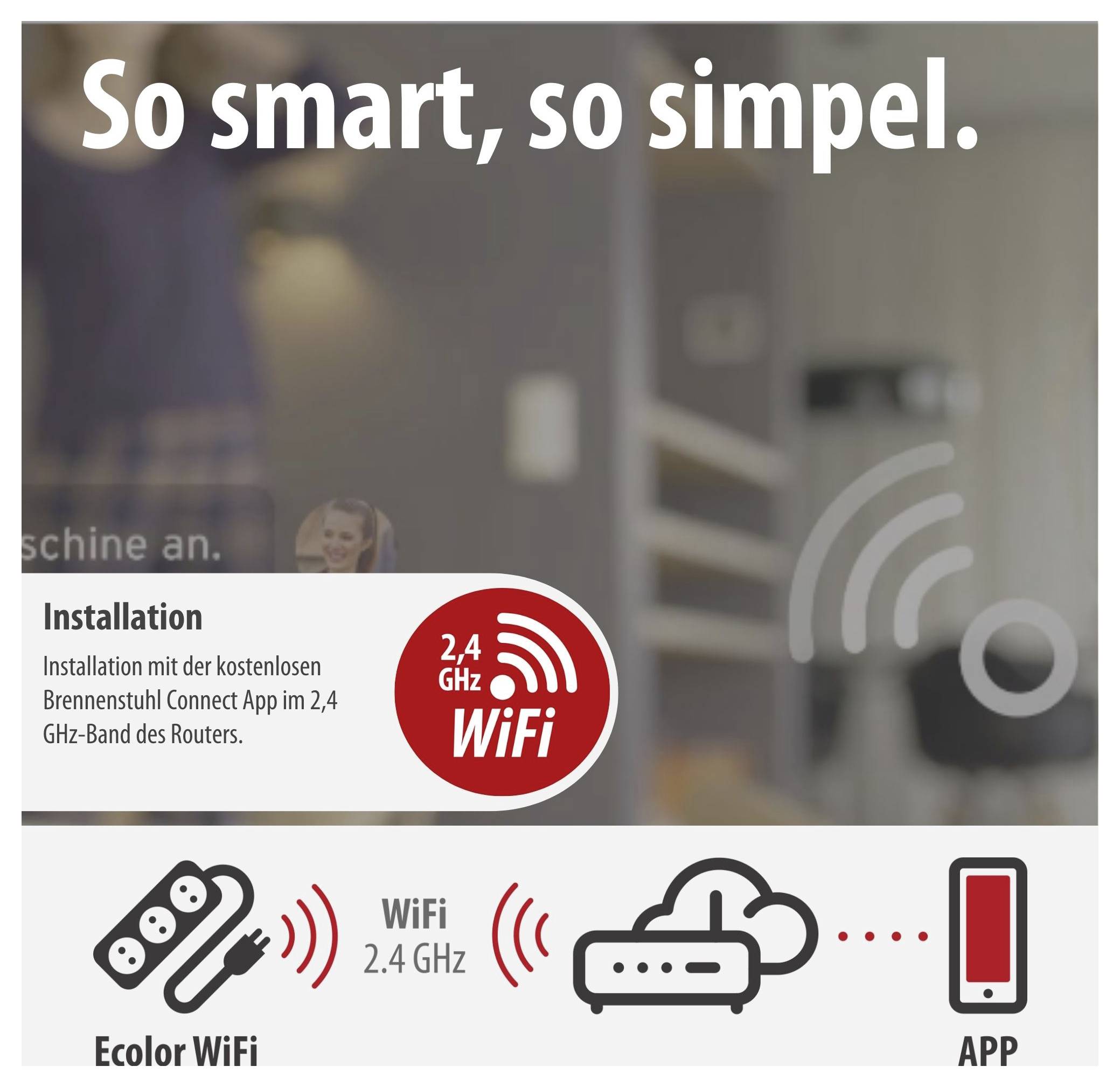Werbeanzeige für Ecolor WiFi: Smart-Home-Installation mit 2,4-GHz-WiFi und App-Steuerung; Text 'So smart, so simpel.'