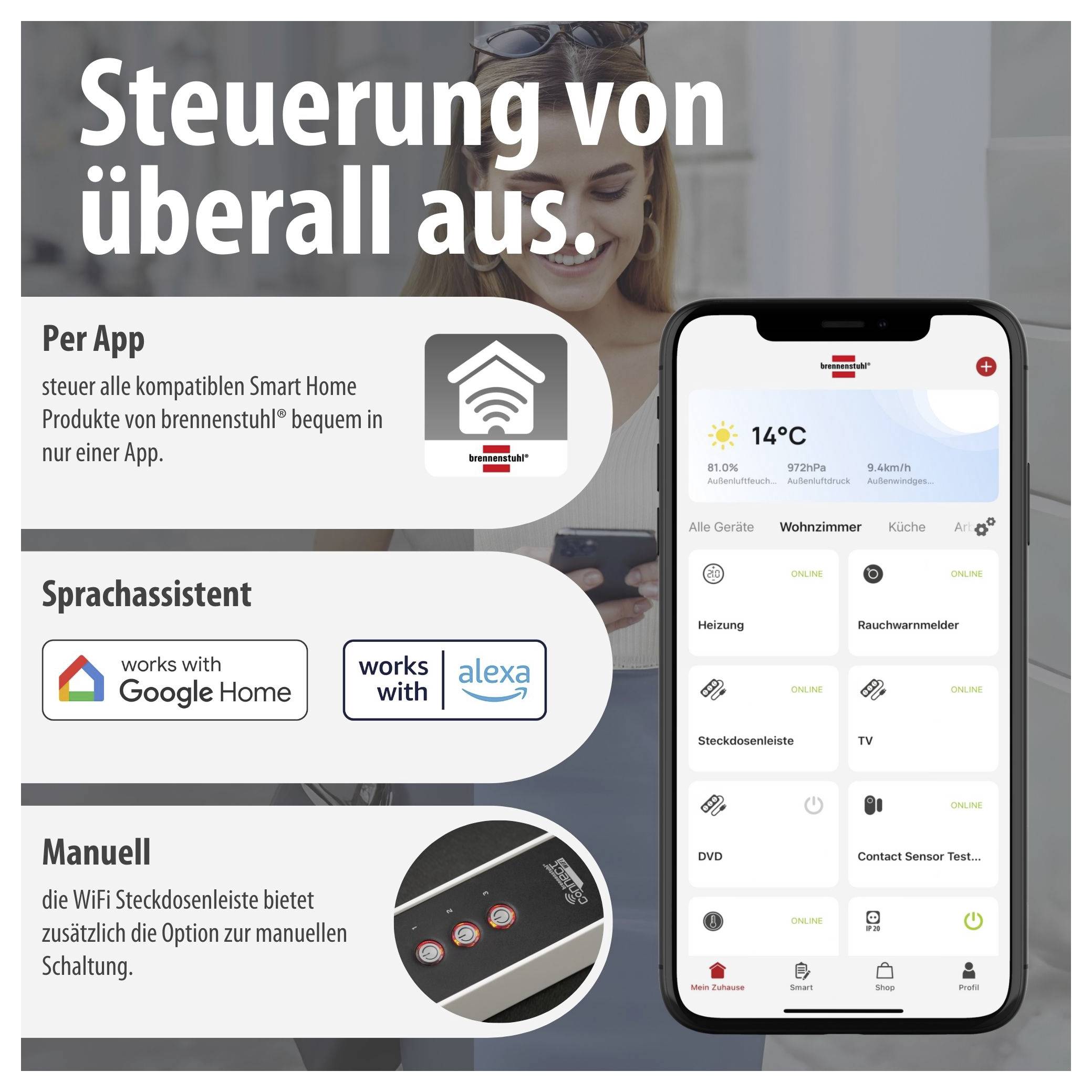 Werbegrafik für Smart-Home-Steuerung: Smartphone zeigt App mit Geräteübersicht; per App, Sprachassistent oder manuell bedienbar.