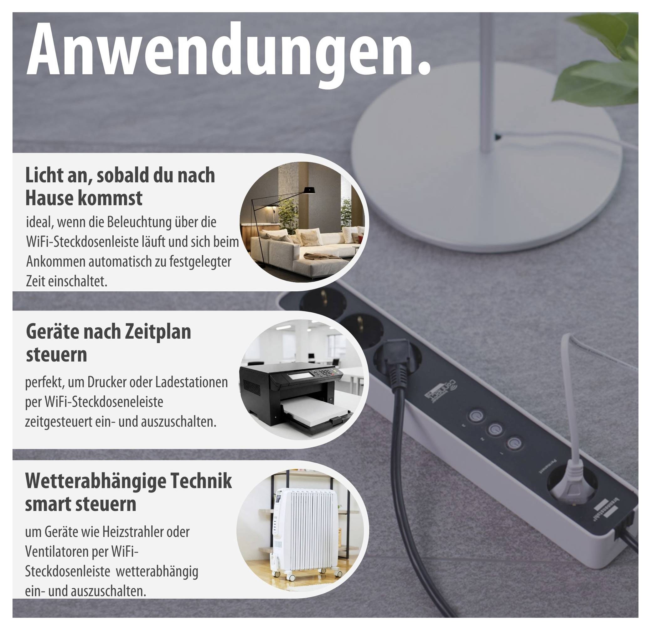 Infografik 'Anwendungen' zu einer WiFi-Steckdosenleiste: Licht automatisch einschalten, Geräte per Zeitplan steuern und wetterabhängige Technik smart schalten.