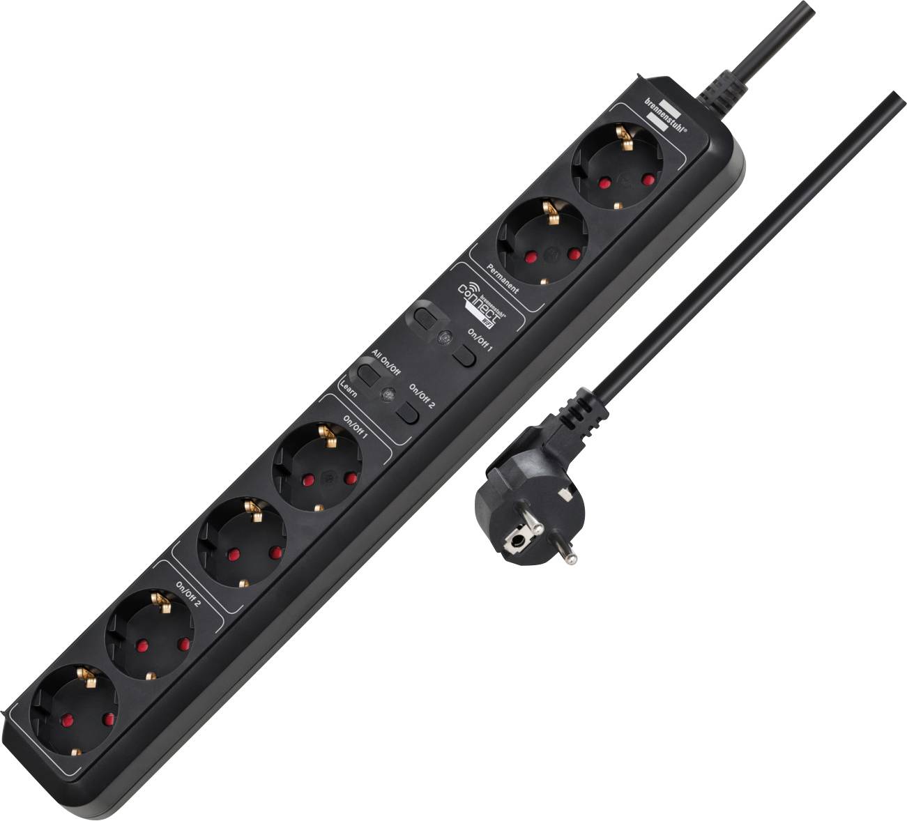 Ein schwarzer Überspannungsschutz mit sechs europäischen Steckdosen und einem langen Kabel. Er verfügt über einen Hauptschalter und zwei Reset-Tasten.